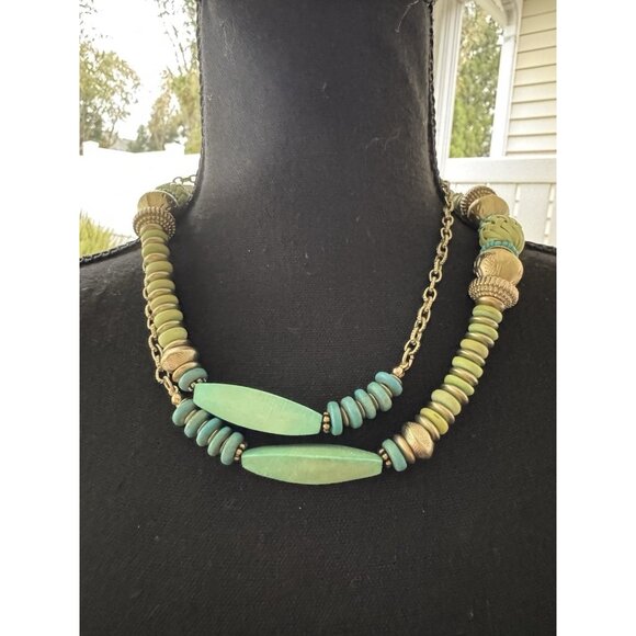 Chicos 20" Long Gold Tone Turquoise Blue Green Bead Statement Necklace NEW - Picture 2 of 11